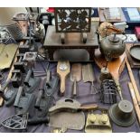 A copper table top burner together with a bellows brass kettle, crumb scoops, Avery weights,