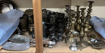 Assorted pewter tankards together with brass candlesticks, crumb scoops,