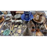 A table top scales with brass pans and chains together with two jug and basin sets, wash dollies,