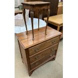 A walnut chest with a rectangular top above three drawers on bracket feet together with a small