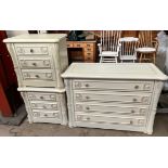 A modern cream painted four drawer chest decorated with tied wheat sheaves together with a pair of