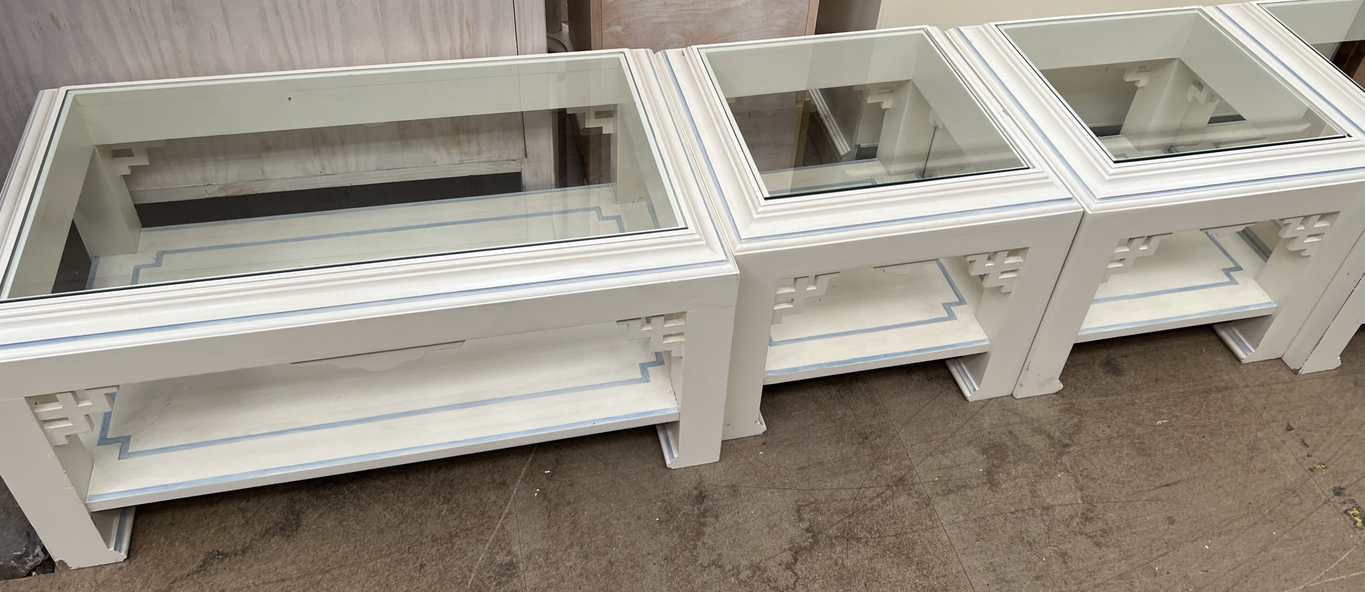 A set of five cream and blue painted glass topped coffee tables of varying sizes - Image 2 of 3