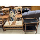 A mid 20th century tiled top coffee table together with a pair of kitchen chairs,