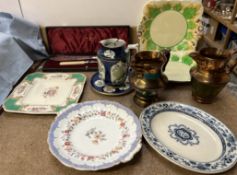 A pair of copper lustre jugs, together with assorted plates, Clarice Cliff bowls,