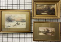 E Elms Shepherd and sheep Watercolour Signed Together with another watercolour and an oil painting