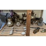 An electroplated five piece tea service together with other electroplated tea wares,