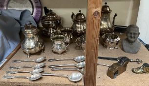 An electroplated five piece tea service together with other electroplated tea wares,