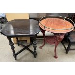 A pub table with a brass galleried top above a cast iron base with mask decoration,