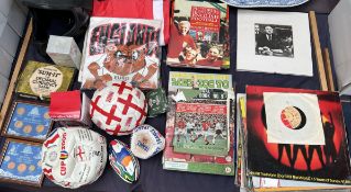 Footballs together with sporting books, records, helmet, Monarchs of Great Britain coins,