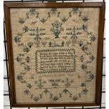 An early Victorian sampler decorated with vases of flowers,