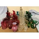 Assorted cranberry glass including vases, jugs etc together with Mary Gregory style glasswares,