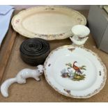 A Meissen plate painted with birds and insects together with a USSR stoat, a meat plate,