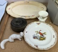 A Meissen plate painted with birds and insects together with a USSR stoat, a meat plate,