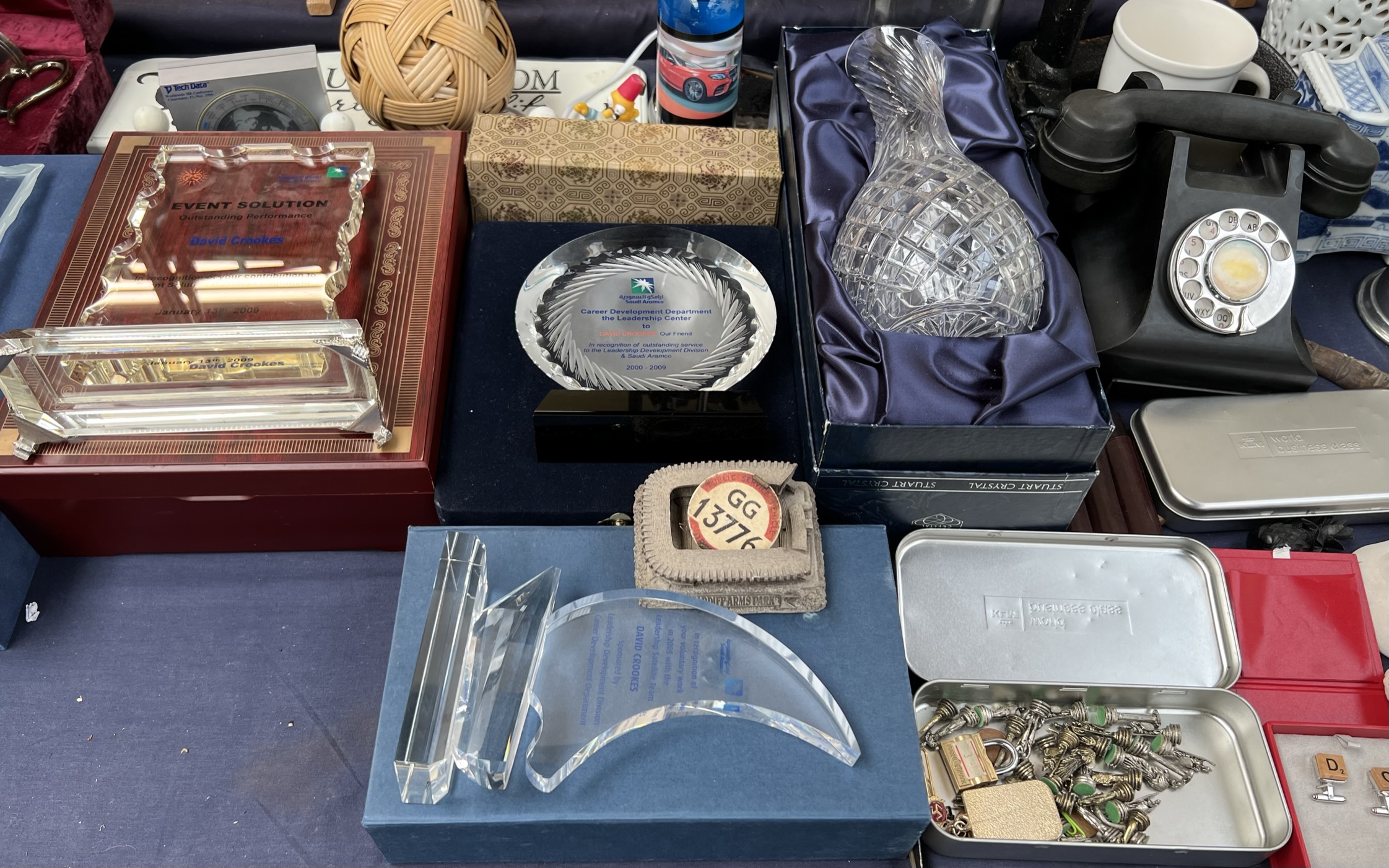 A bakelite telephone together with cufflinks, whistles, hip flask, Stuart crystal decanter, - Image 3 of 4