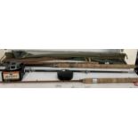 Three fishing rods together with a Beaudex reel etc