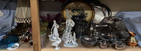 Continental porcelain figures together with assorted electroplated wares, tray, wine glasses,