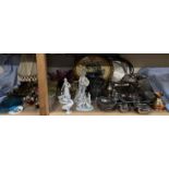 Continental porcelain figures together with assorted electroplated wares, tray, wine glasses,