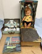 A Pebbles by Rosebud doll, boxed, together with a pedigree tea set, leather and brass bible,