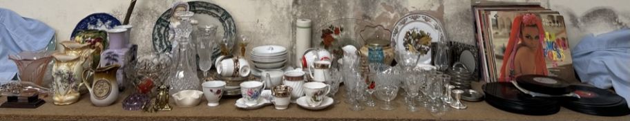 A large lot including pottery jugs, pottery vases, part tea services, glass decanters,