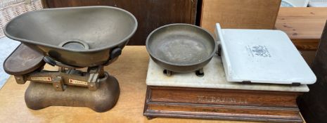 A W & T Avery Ltd oak scales with pottery pan together with another shop scales