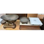 A W & T Avery Ltd oak scales with pottery pan together with another shop scales