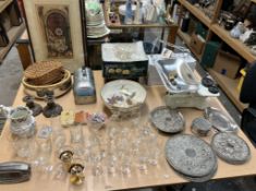 A Royal Doulton George IV jug together with electroplated candlesticks, drinking glasses, scales,