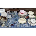 Pottery meat plates together with glass vases, glass decanters,