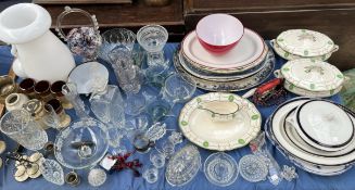 Pottery meat plates together with glass vases, glass decanters,