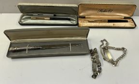 A Parker 61 fountain pen together with another Parker fountain pen, silver handled paper knife,