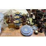 Wedgwood jasper plates together with pottery jugs, glass decanters,