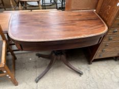 A 19th century mahogany card table of D shape with a crossbanded top enclosing a baize interior on