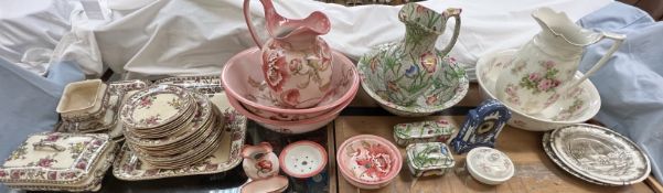 A Garfield pattern part dinner service together with floral decorated jug and basin sets etc