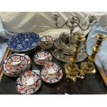 A Clifton pattern part tea service together with a pair of brass candlesticks,