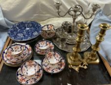 A Clifton pattern part tea service together with a pair of brass candlesticks,