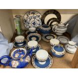 A Wedgwood powder blue part tea set together with a scale blue decorated teapot,
