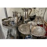 An Art Deco style electroplated four piece tea set together with other electroplated items