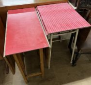 A mid 20th century melamine drop leaf dining table together with another with chequer board top