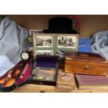 A miniature violin together with an inlaid box, correspondence, postcards, coins, geometry set, hat,