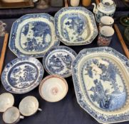A collection of Chinese blue and white porcelain meat plates, together with other plates,