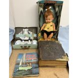 A Pebbles by Rosebud doll, boxed, together with a pedigree tea set, leather and brass bible,