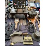 A copper table top burner together with a bellows brass kettle, crumb scoops, Avery weights,