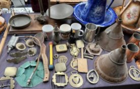 A table top scales with brass pans and chains together with two jug and basin sets, wash dollies,