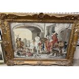 A large 19th century tapestry picture of an archway with horses, falcons, children etc,