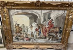 A large 19th century tapestry picture of an archway with horses, falcons, children etc,