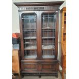 A 20th century oak bookcase, with a moulded cornice above a pair of leaded glass doors,