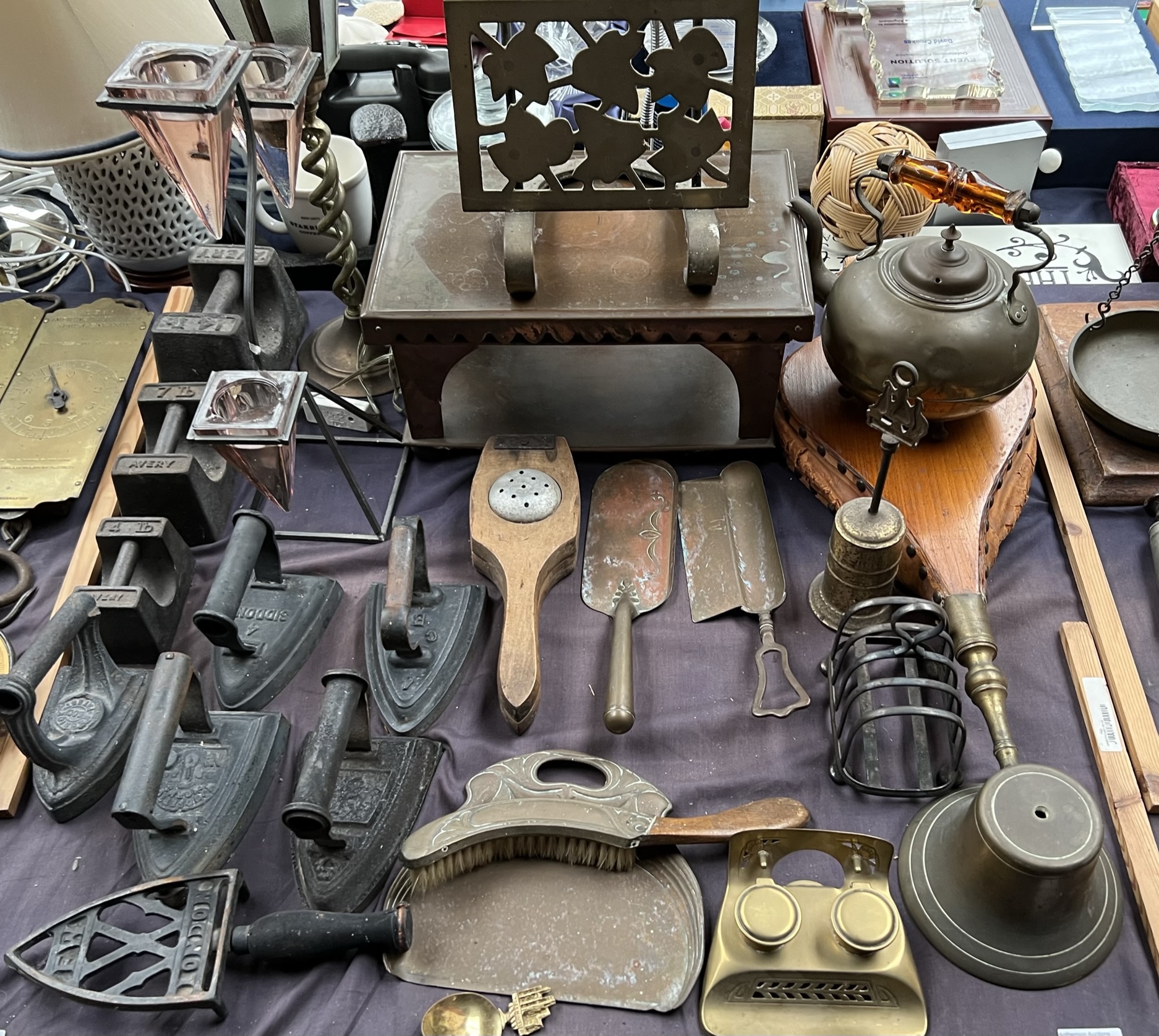 A copper table top burner together with a bellows brass kettle, crumb scoops, Avery weights, - Image 2 of 2