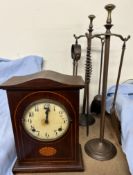 An Edwardian mahogany mantle clock together with two brass fireside tidies