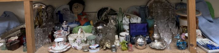 A large lot comprising glass decanters, drinking glasses, stoneware storage jar, brass door knobs,