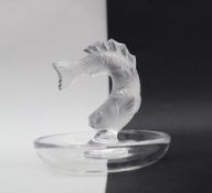 A Lalique pin tray with a central leaping fish, marked Lalique France,