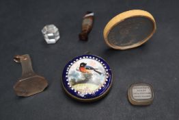 An enamel pendant with a bird on one side and clock to the other together with hardstone desk seals